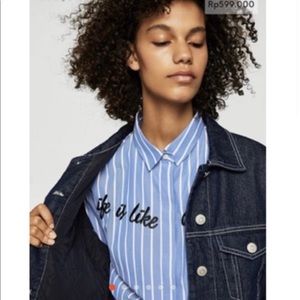 MNG, button down casual long sleeved shirt, blue, white strips.